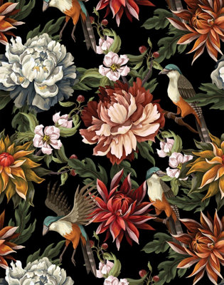 Bobbi Beck eco-friendly Black vintage flower and bird wallpaper