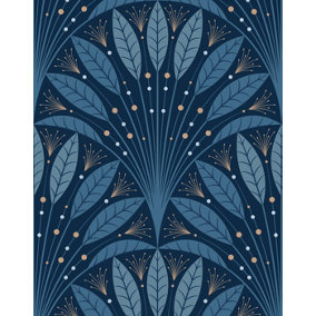Bobbi Beck eco-friendly Blue art deco leaf fan wallpaper