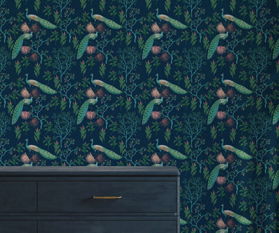 Bobbi Beck eco-friendly blue colourful peacock wallpaper