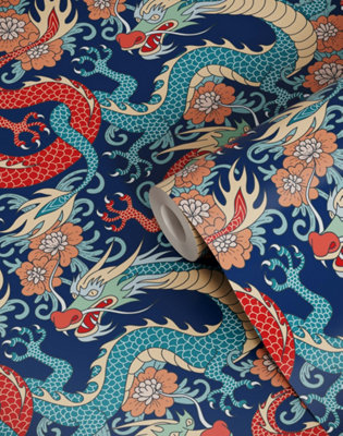 Bobbi Beck Eco-friendly Blue Oriental Dragon Wallpaper | DIY At B&Q