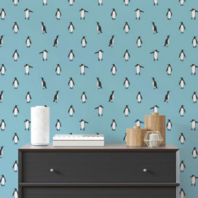 Bobbi Beck eco-friendly blue penguin wallpaper