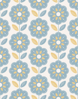 Bobbi Beck eco-friendly Blue retro flower tile print wallpaper