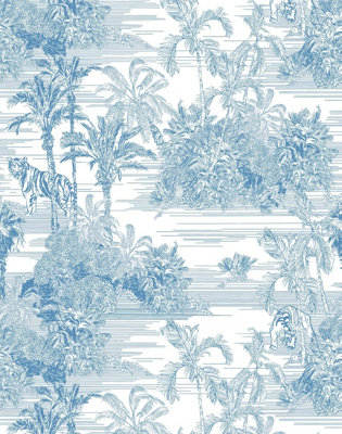 Bobbi Beck eco-friendly Blue tiger and palm tree wallpaper | DIY at B&Q