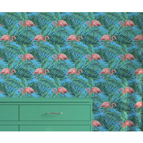 Bobbi Beck eco-friendly blue tropical flamingo wallpaper