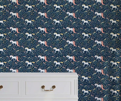 Bobbi Beck eco-friendly blue white horse wallpaper