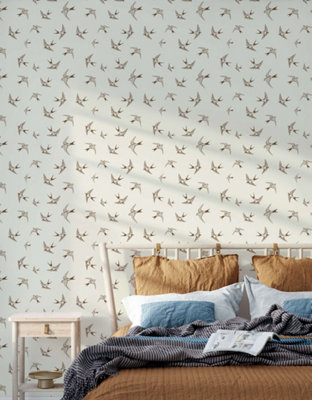 Bobbi Beck eco-friendly brown swallows wallpaper