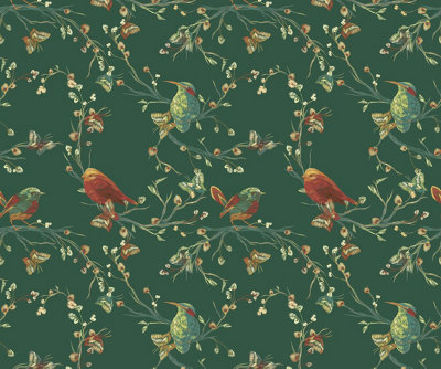 Bobbi Beck eco-friendly Dark green bird and branch floral wallpaper