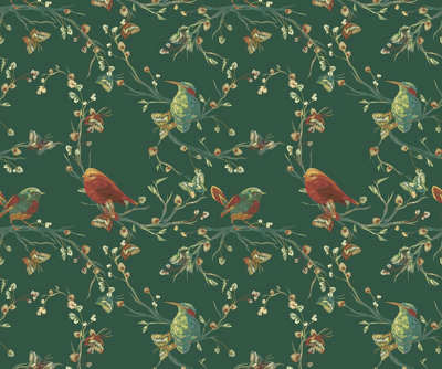 Bobbi Beck eco-friendly Dark green bird and branch floral wallpaper