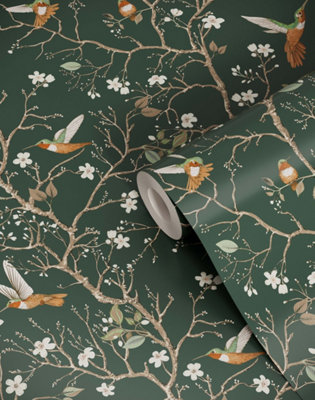 Bobbi Beck eco-friendly Dark green bird tree wallpaper