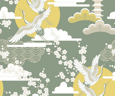 Bobbi Beck eco-friendly Green crane and cherry blossom wallpaper