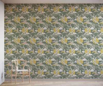 Bobbi Beck eco-friendly Green crane and cherry blossom wallpaper