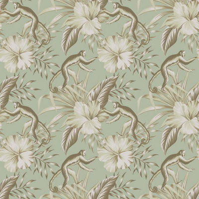 Bobbi Beck eco-friendly green monkey and hibiscus wallpaper