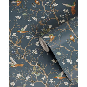 Bobbi Beck eco-friendly Grey bird tree wallpaper