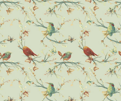 Bobbi Beck eco-friendly Light green bird and branch floral wallpaper