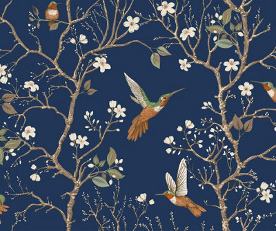 Bobbi Beck eco-friendly Navy bird tree wallpaper