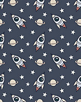 Bobbi Beck eco-friendly Navy childrens space rocket wallpaper