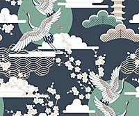 Bobbi Beck eco-friendly Navy crane and cherry blossom wallpaper