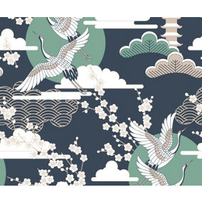 Bobbi Beck eco-friendly Navy crane and cherry blossom wallpaper