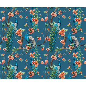 Bobbi Beck eco-friendly Navy peacock floral pattern wallpaper