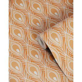 Bobbi Beck eco friendly Orange peacock feather Wallpaper