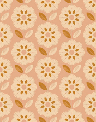 Bobbi Beck eco-friendly Orange retro flower tile print wallpaper