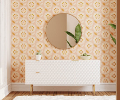 Bobbi Beck eco-friendly Orange retro flower tile print wallpaper