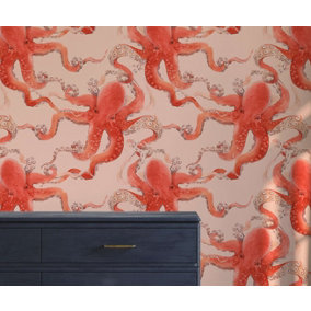 Bobbi Beck eco-friendly red ocotpus pattern wallpaper