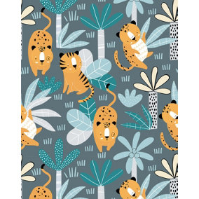 Bobbi Beck eco-friendly Teal childrens tiger and leopard wallpaper