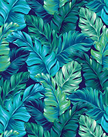 Bobbi Beck eco-friendly Teal tropical jungle leaf wallpaper
