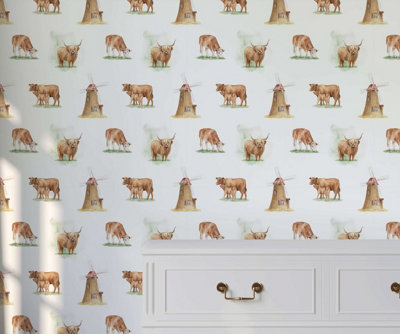 Bobbi Beck eco-friendly white brown cow wallpaper