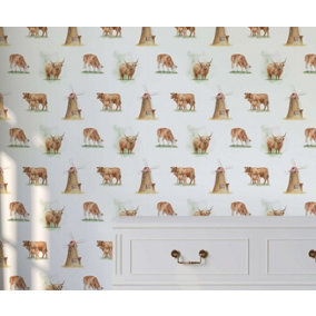 Bobbi Beck eco-friendly white brown cow wallpaper