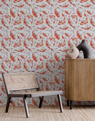 Bobbi Beck eco-friendly white red koi wallpaper