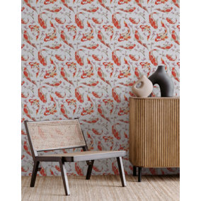 Bobbi Beck eco-friendly white red koi wallpaper