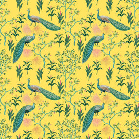 Bobbi Beck eco-friendly yellow colourful peacock wallpaper