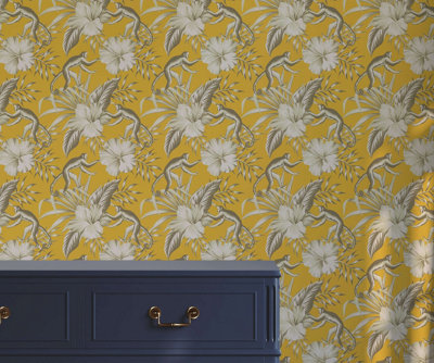 Bobbi Beck eco-friendly yellow monkey and hibiscus wallpaper