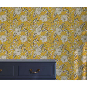 Bobbi Beck eco-friendly yellow monkey and hibiscus wallpaper