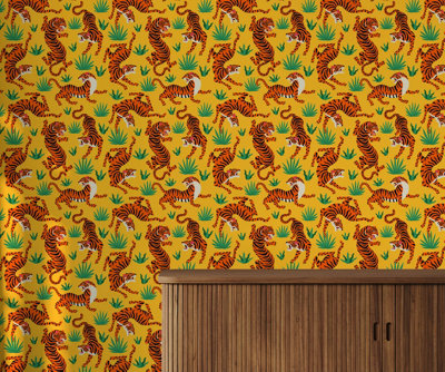 Bobbi Beck eco-friendly yellow oriental tiger wallpaper