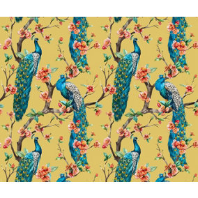 Bobbi Beck eco-friendly Yellow peacock floral pattern wallpaper