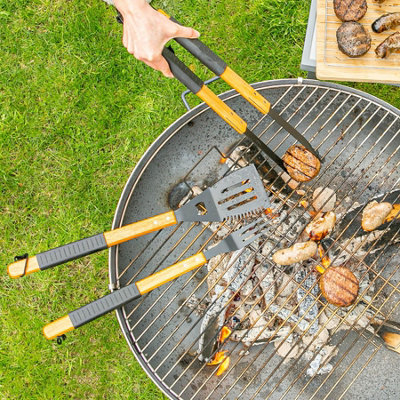 BobbyQ 3pc Wooden BBQ Tool Set - Grey Rope