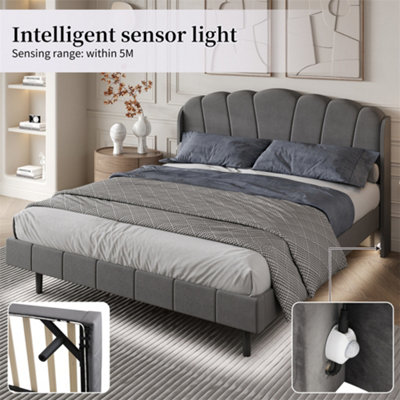 Body-sensing LED light at bedside, light strips at bedside and foot, slatted frame, mattress not included, velvet, grey