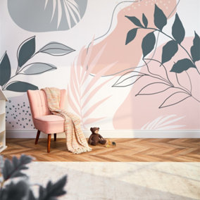 Boho Botanicals Mural In Pink And Teal (350cm x 240cm)