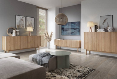 Boho Contemporary Sideboard Cabinet 3 Hinged Doors 3 Shelves Oak Riviera White Marble Effect H