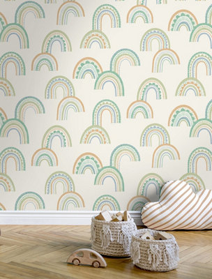 Boho Rainbow Green/Teal Children's Wallpaper