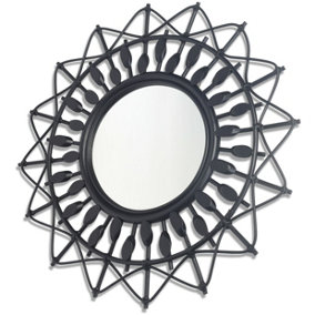 Boho Round Rattan Mirror in Black (H)74cm x (W)74cm