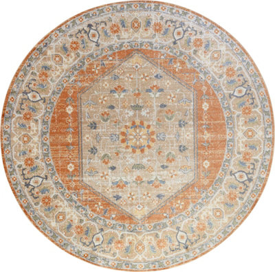 BOKA Round Machine Washable Traditionnal Boho Burnt Orange Area Rug 200 x 200 cm