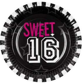 Boland Paper Round Sweet Sixteen Party Plates Black/White/Pink (One Size)