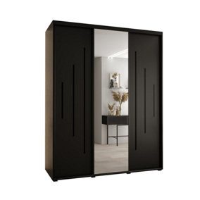 Bold Black Mirrored Cannes XIII Sliding Wardrobe H2050mm W2000mm D600mm with Custom Black Steel Handles and Decorative Strips