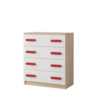 Bold Oak Sonoma and White Chest H930mm W800mm D400mm - Red Handles for Dynamic Spaces