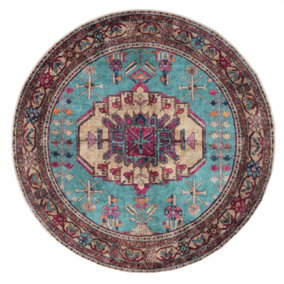 Bold Teal Blue Pink Persian Style Washable Non Slip Round Mat 180x180cm
