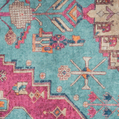 Bold Teal Blue Pink Persian Style Washable Non Slip Rug 120x170cm